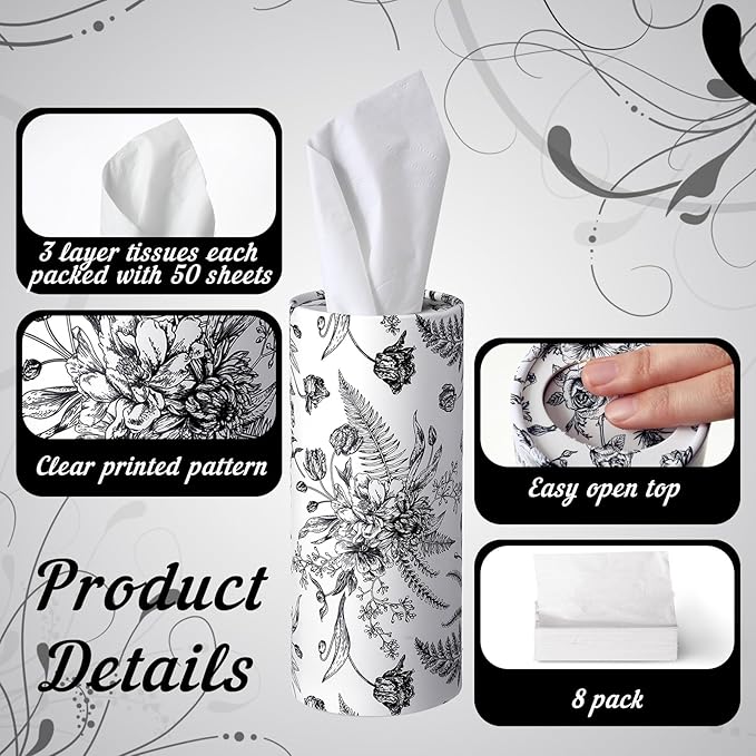 Zonon 4 Pcs Vintage Floral Car Tissue Cylinder with 240 Sheets 3 Ply Facial Tissue Bulk Black and White Round Tissues Holder Box Travel Tubes for Car Cup Holder Round Container