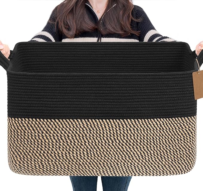 Goodpick Extra Large Woven Rope Storage Basket, Rectangle, Light Gray