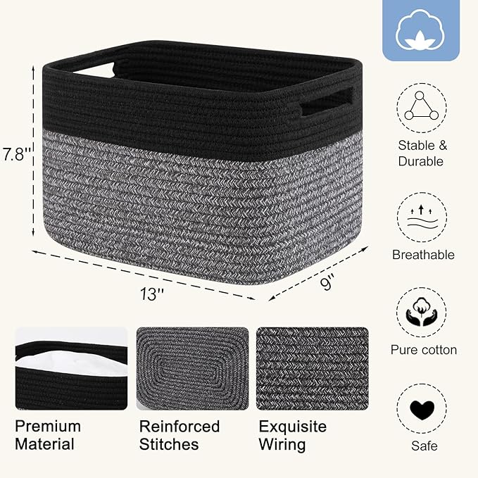 SIXDOVE 4 Pack Storage Baskets for Organizing, Woven Baskets for Shelves - Perfect for Toys, Books, Towels, and Clothes, Durable Gift Basket Bins Toy Storage, 12.7''Lx9''Wx7.8''H, Dark Grey and Black