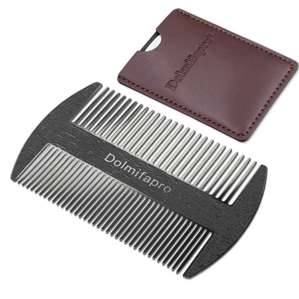 Dolmifapro 304 Stainless Steel Pocket Beard Comb for Men, Anti-Static Dual Fine Coarse Teeth Ultra-Thin Mustache Hair Grooming Comb with PU Leather Case (black)