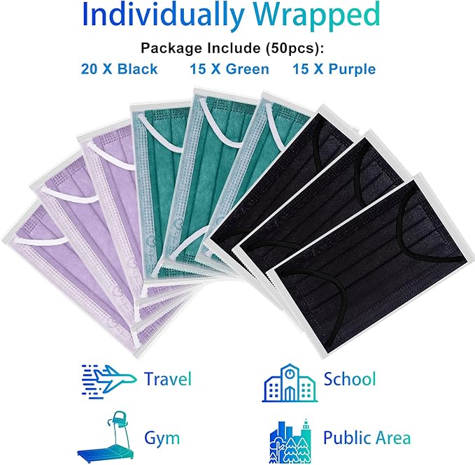 Disposable Face Masks for Adults,Premium 4ply Level2 Masks,Breathable Disposable Masks,Individually Wrapped Pack 50(3 colors)…
