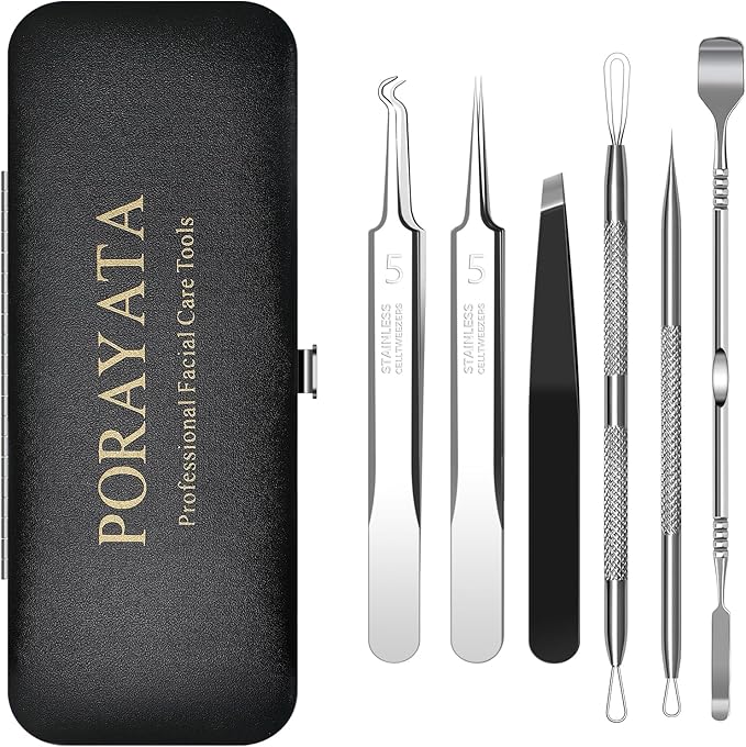 Blackhead Remover Tool Kit, 6 Pcs Pimple Popper Set with Acne Needles, Tweezers, Skin Scraper for Blackhead, Zit, Whitehead Removal on Face and Nose, with Storage Case