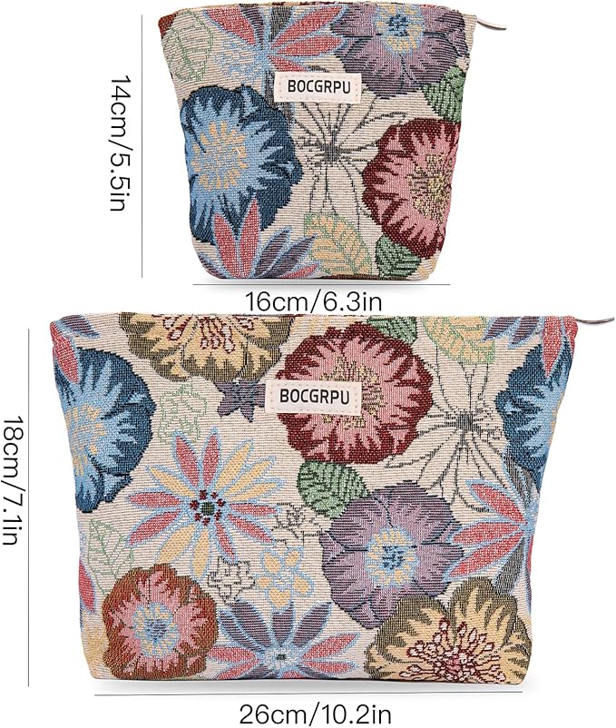 BOCGRPU 2 PCS Makeup Bag Set Cute Small Cosmetic Bag for Purse ，Large Toiletry Bag Makeup Organizer，Travel Pouch with Zipper for Women, (Flower Garden White)