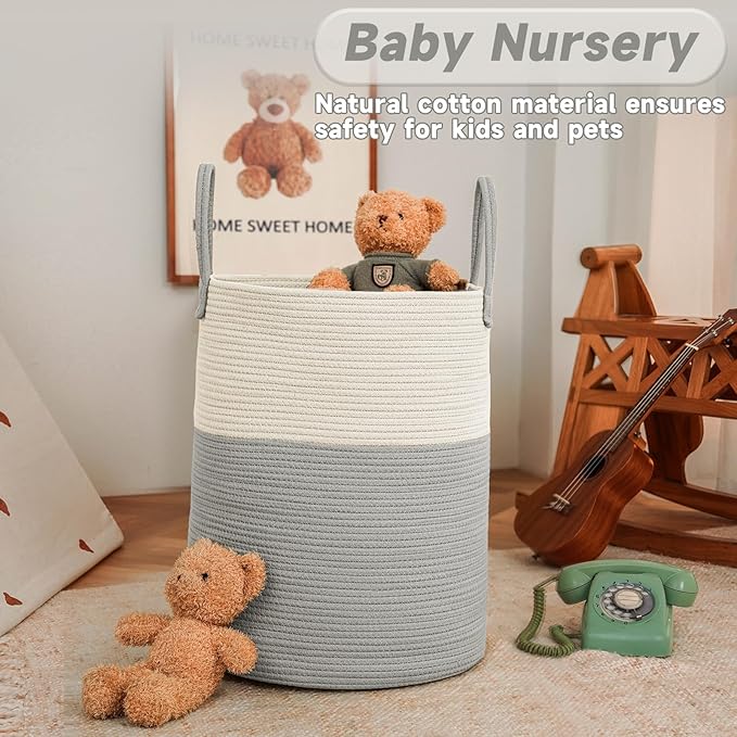 JMvicyroam Large Woven Laundry Basket Hamper,100L Cotton Rope Storage Bin for Blankets,Toys and Clothes,Decorative Tall Nursery Hamper for Living Room,Baby Nursery,Bathroom and Bedroom,White and Grey