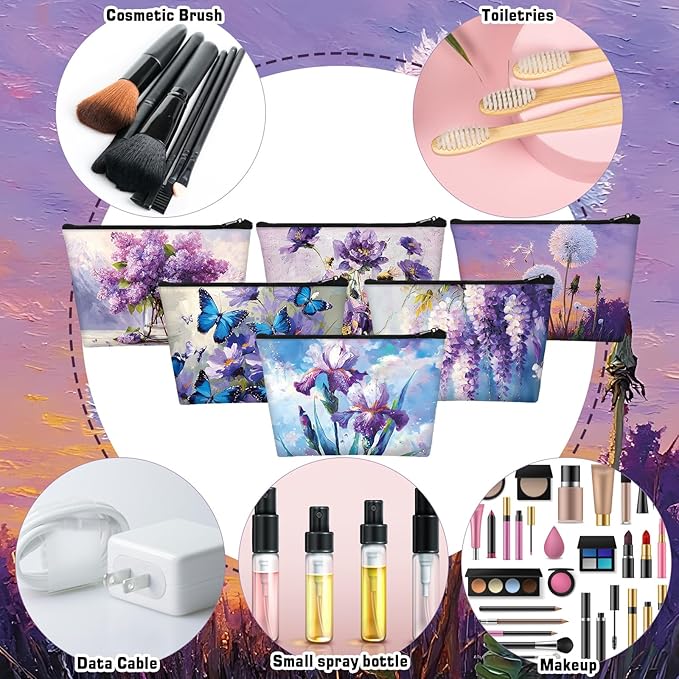 Sweetude 12 Pcs Purple Flowers Makeup Bags Bulk Purple Portable Travel Cosmetic Bag with Zipper Oil Painting Floral Waterproof Roomy Travel Toiletry Organizer Storage Beauty Pouch for Women Gifts