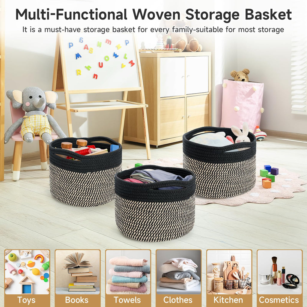 Maxuni 3 Pack Small Rope Storage Baskets, 9.82×9.82×7.1", Brown+Black