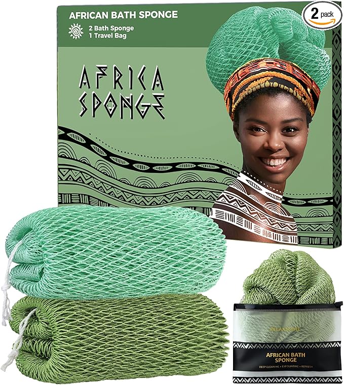 African Net Sponge Authentic - 2 Pieces 52IN Stretched Length Exfoliating Body Scrubber Bath Sponge - Loofah Washcloth Back Scrub for Shower Body Exfoliator