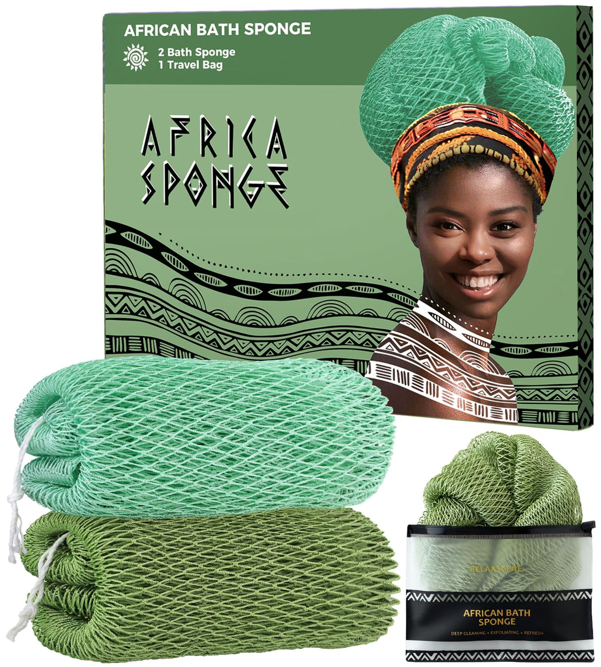 African Net Sponge Authentic - 2 Pieces Exfoliating Body Scrubber Bath Sponge - Back Scrubber Washcloth for Shower - Real African Scrub Exfoliator Body Care Bathing Accessories for Women
