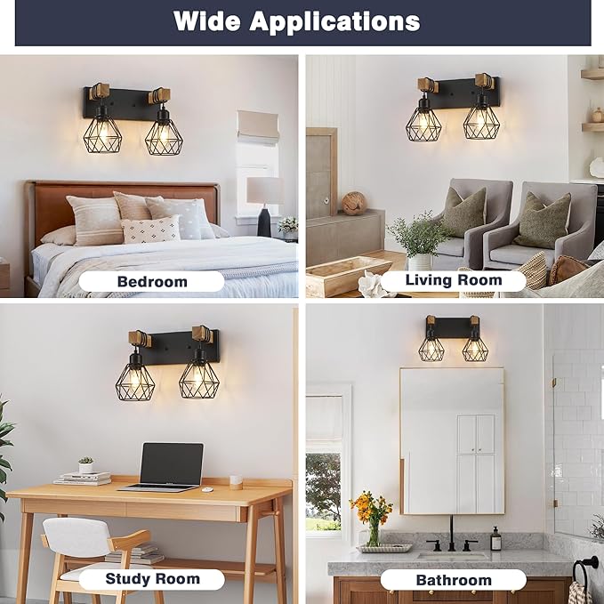 Farmhouse Bathroom Vanity Light Fixtures, 3-Light Wood Bathroom Light Fixtures Over Mirror, Rustic Sconces Wall Lighting with Elegant Metal Lampshade for Living Room, Bedroom, Hallway