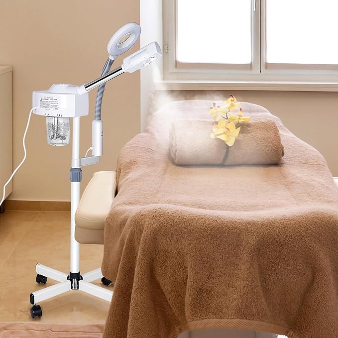 BBBuy 2 in 1 Facial Steamer Professional Nano Ionic Face Deep Cleansing Hydration with 5X Magnifying LED Lamp & Rolling Wheels, High Frequency, Portable Home Spa Salon Beauty Skin Care Equipment