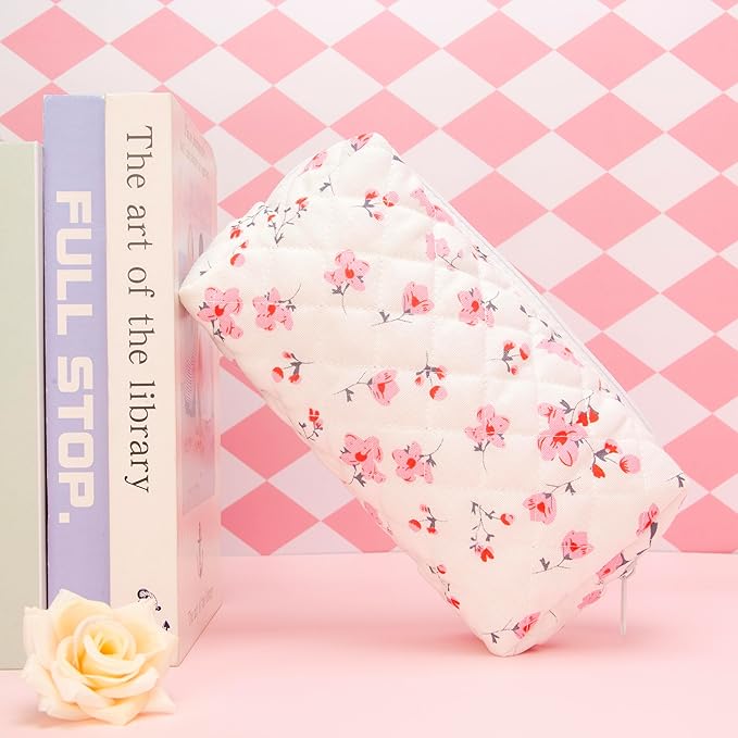 PAZIMIIK Small Quilted Makeup Bag,Zipper Cosmetic Pouch,Myrtle Pink