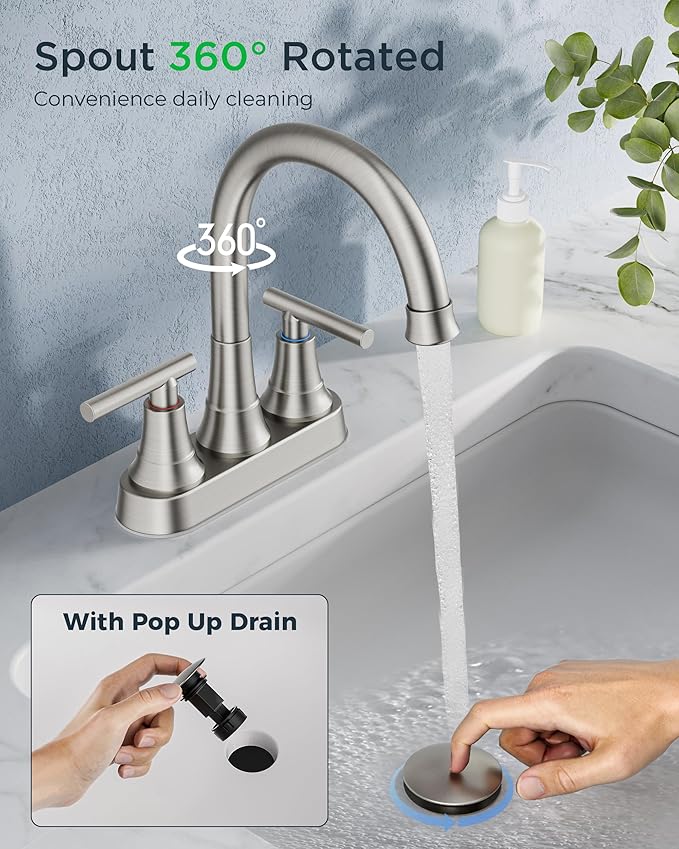 FORIOUS Centerset Bathroom Faucets for Sink 2 or 3 Hole, Brushed Nickel 4 Inch Bathroom Sink Faucet with Pop up Drain and cUPC Hose, 360° spout, Two Handles for Restroom,Vanity, RV Remodel