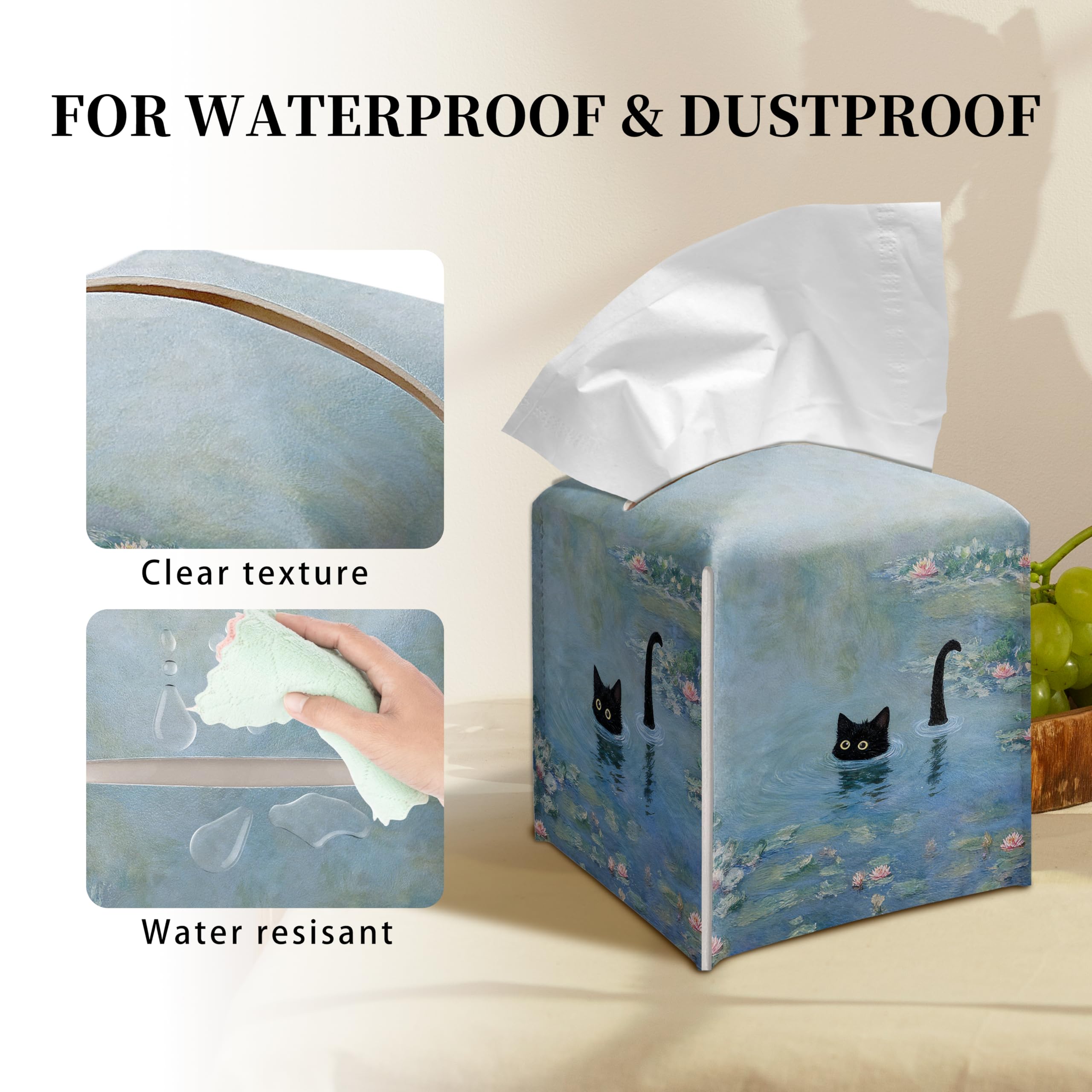 Grace Yonks Art Tissue Box Cover Square - Black Cat in Water Lilies Design 5.2" PU Leather Holder for Vanity, Desk, or Bathroom Counter - Cube Case for Facial Tissues. (123)
