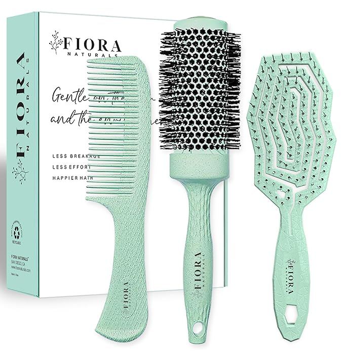 Fiora Naturals Hair Brush Set - Detangler, Round Brush, and Comb for Women - Brushes for All Hair Types including Natural, Fine & Curly - Ideal for Detangling and Blow Drying