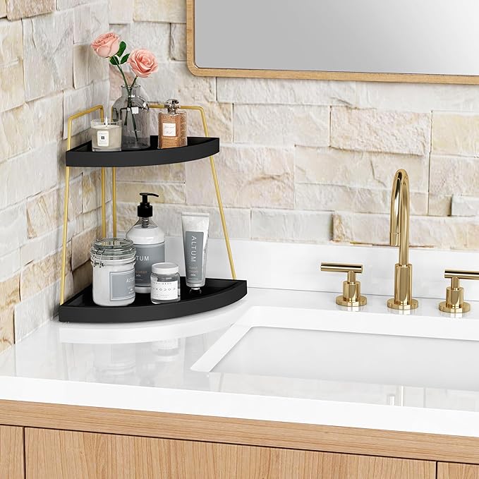 Forbena Black and Gold Corner Bathroom Counter Organizer, Modern Kitchen Countertop Shelf Organizer for Sink, Two Tier Makeup Vanity Storage Holder Tray for Table Top Skincare Perfume Decor