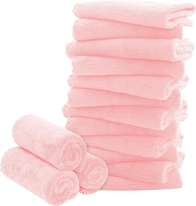 16 Pack Baby Washcloths - Luxury Coral Fleece - Extra Absorbent and Soft Wash Clothes for Newborns, Infants and Toddlers - Suitable for Sensitive Skin and New Born - Baby Shower - Pink,10x10 Inch