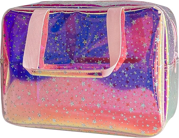 TotePrint TPU Holographic Pink Star Large Cosmetic Bag 12x5x8 inch Travel Pouch with Handle,Durable Material,Zipper Design-Ideal for Makeup,Travel Essentials (9593-8)