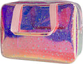 TotePrint TPU Holographic Pink Star Large Cosmetic Bag 12x5x8 inch Travel Pouch with Handle,Durable Material,Zipper Design-Ideal for Makeup,Travel Essentials (9593-8)