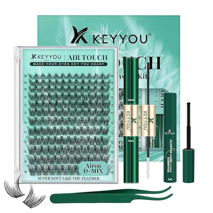KEYYOU Lash Extension Kit 144pcs Air Touch Lash Clusters with Bond and Seal Lash Applicator Remover D Curl DIY Eyelash Extension Kit Easy to Apply at Home(Air06Kit-D-8-18Mix)