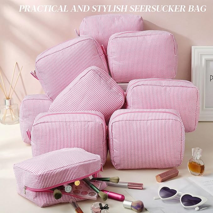 Sanwuta 9 Seersucker Cosmetic Bag Bulk Striped Makeup Bag for Women Aesthetic Cute Travel Toiletry Organizer Preppy Storage Pouch for Wedding Bridesmaid Mother's Day Teacher Gift (Large,Pink)