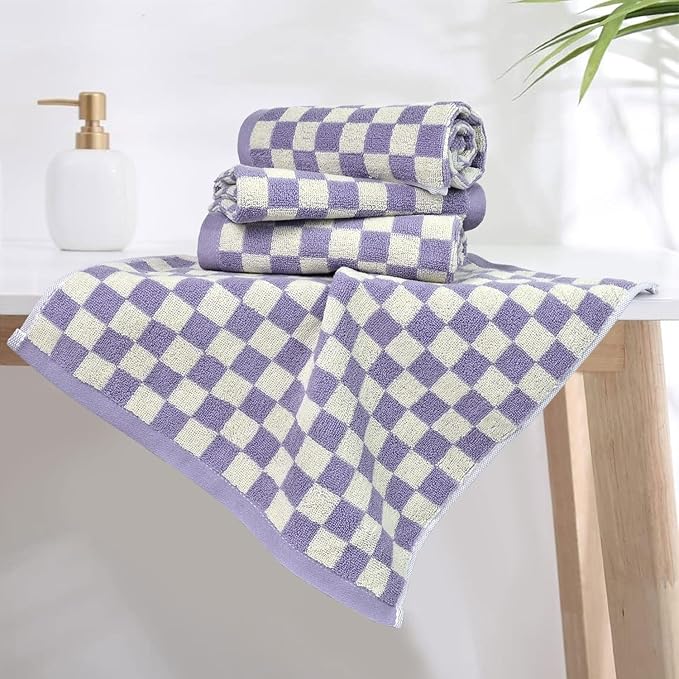 Wash Cloths Checkered 4 Pack (Lilac) - Cotton Washcloths for Face Body