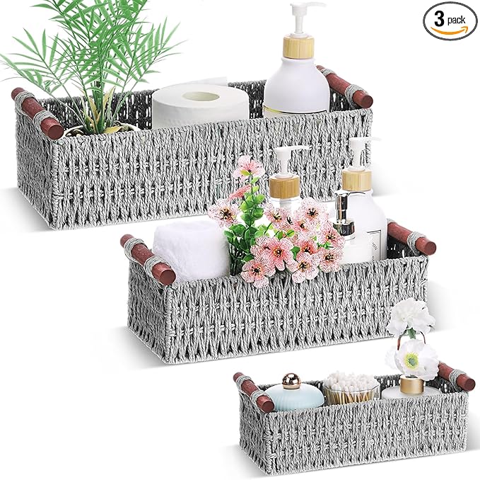 Boao 3 Pcs Boho Storage Wicker Baskets Handmade Woven Decorative Paper Rope Baskets for Organizing with Handle Countertop Toilet Paper Storage Container for Toilet Tank Top(Light Grey,Rectangle)