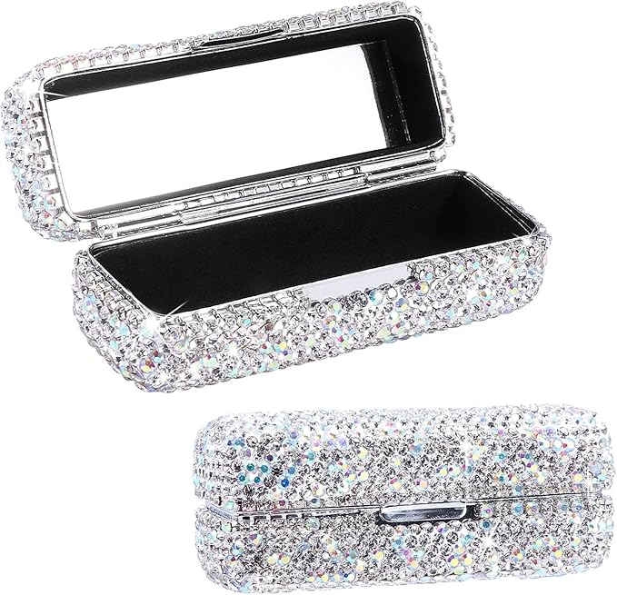 FuGuiHui Rhinestone Lipstick Case with Mirror Bling Crystal Lipstick Case 3.44x1.12x1.2in Diamonds Makeup Cosmetic Storage Box Holder for Purse(COLOR:White)