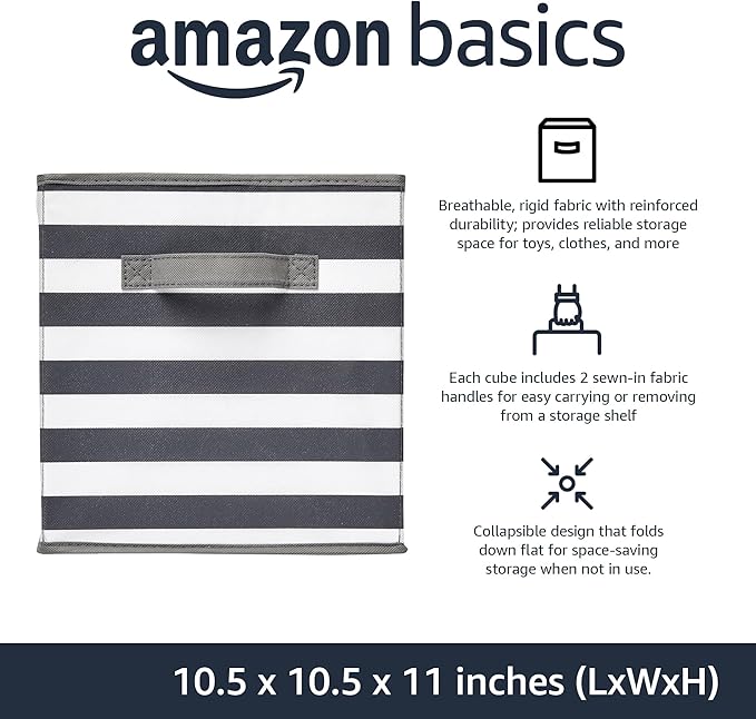 Amazon Basics Collapsible Fabric Storage Bins with Handles, Cube Organizer for Home Organization, 10.5"x10.5"x11", White/Light Grey Stripe, 6 Count (Pack of 5)