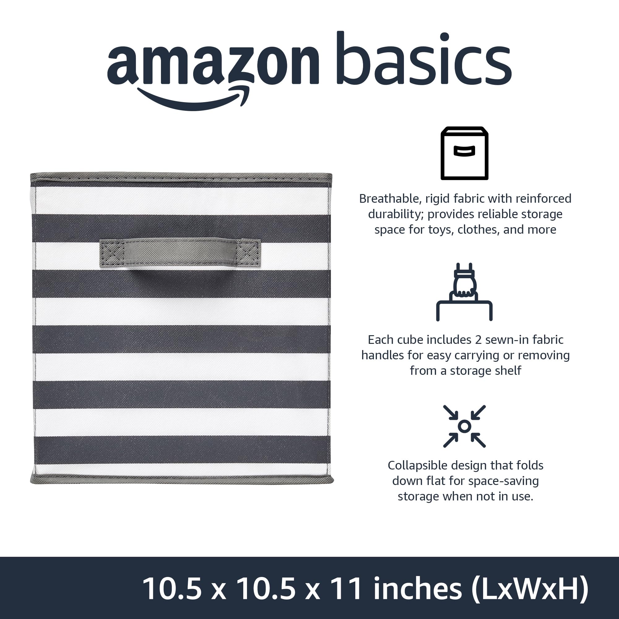 Amazon Basics Collapsible Fabric Storage Bins with Handles, Cube Organizer for Home Organization, 10.5"x10.5"x11", White/Light Grey Stripe, 6-Pack