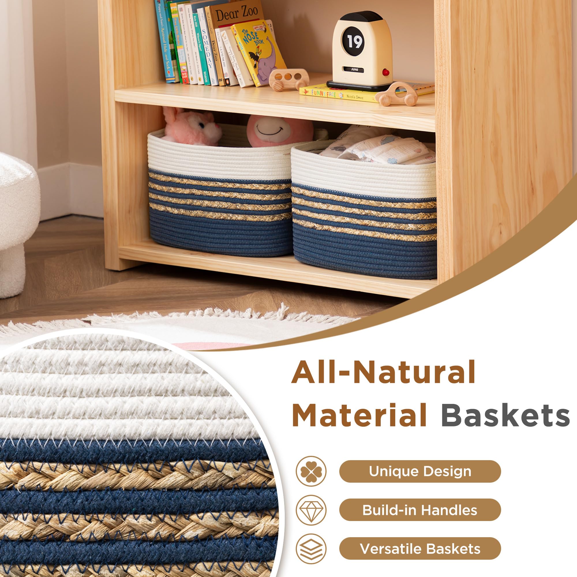 UBBCARE 4 Pack Baskets for Organizing, Woven Storage Baskets for Toys and Towel, Rectangle Cotton Rope Basket with Handles, 14''L x 8''W x9''H, Navy Blue