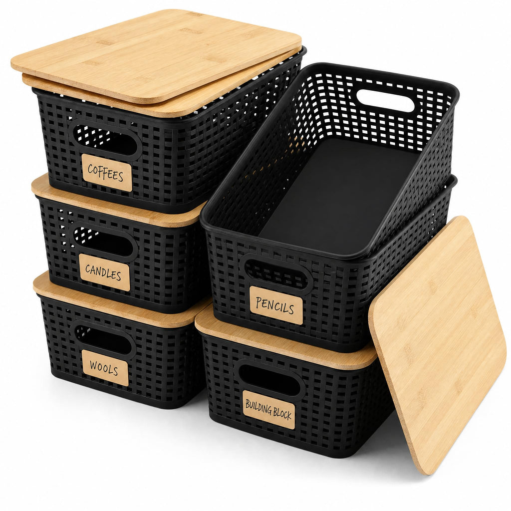 AREYZIN Storage Bins with Bamboo Lids Set of 6 Lidded Storage Container Plastic Baskets Organizer Bins for Organizing Kithen Room Bedroom Office Closet, Sturdy(Black)