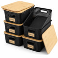 AREYZIN Storage Bins with Bamboo Lids Set of 6 Lidded Storage Container Plastic Baskets Organizer Bins for Organizing Kithen Room Bedroom Office Closet, Sturdy(Black)