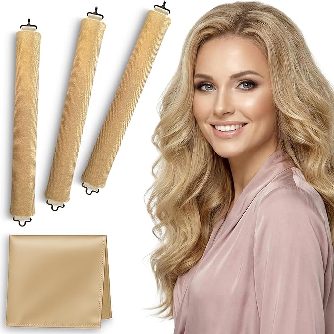 VISOFO Heatless Curls Overnight | Rods for Blowout Look, Long Hair Rollers Blow Out Curling Rod No Heat Flexi Foam Tubes Silk Satin Velvet Soft Curlers to Sleep In Tools Set (Blonde, 3 Set)