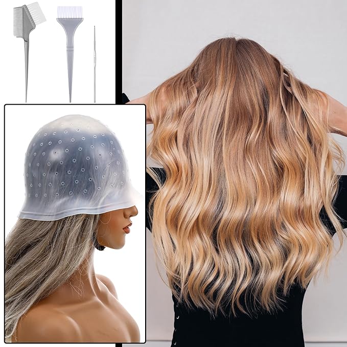 TIESOME Silicone Highlighting Cap with Needles & Brushes, Reusable Punched Hair Cap for Salon & Home Hair Coloring (with 3 Tools Set)