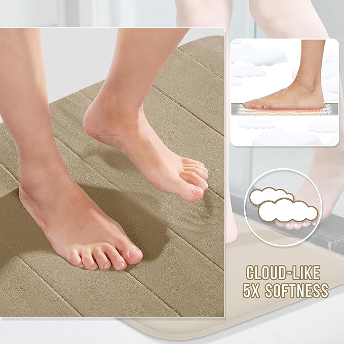 Yimobra Memory Foam Bath Mat Set 2 Piece - Super Soft Absorbent Quick Dry Bathroom Toilet Rugs, Machine Washable Non Slip Floor Carpet for Tub Shower & Single Sink (31.5x20 & 24x20, Pale Khaki)