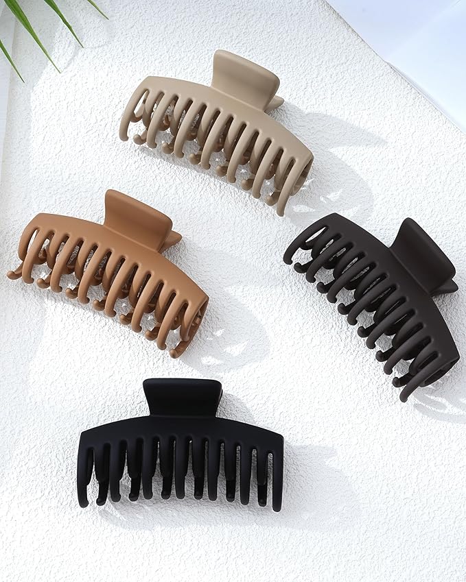 Mesovor 4 Pack Double Row Teeth Hair Claw Clips, 3.5" Large Strong Hold Matte Hair Clips for Thin and Short Fine Hair Accessories (Neutral Matte)