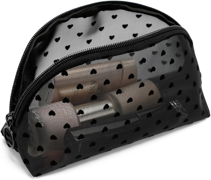 TOPASION Portable Mesh Makeup Bag with Zipper Small Travel Toiletry Bag Lightweight Cosmetic Pouch (Black&Black Heart Half Round)