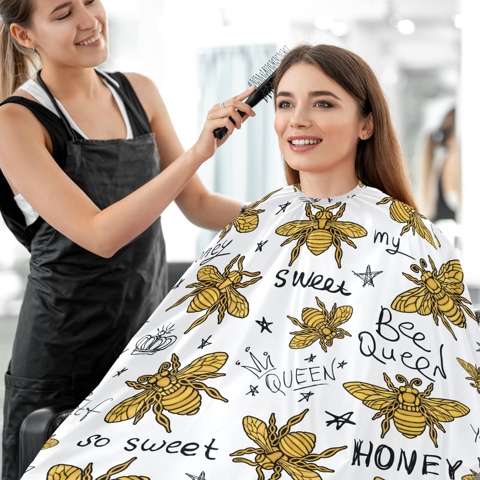 visesunny Barber Cape Honey Bee Golden Embroidery Queen Crown Polyester Hair Cutting Salon Cape Apron Anti-Static Haircut Water-Resistant Shaving Cloth Beard Shaving Bib Hairdressing Cape