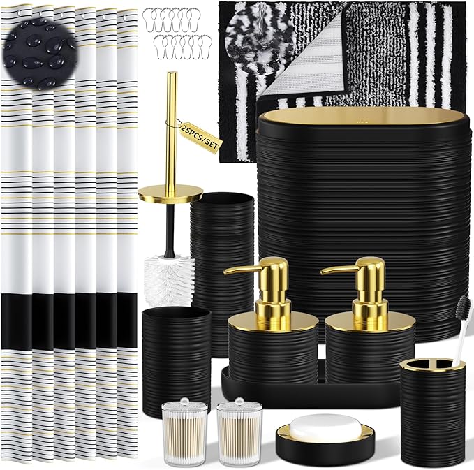 InnJoey Bathroom Set - Bathroom Sets with Shower Curtain and Rugs, 25PC Bathroom Accessory Set, Black Bathroom Accessories Set with Trash Can, Soap Dispensers