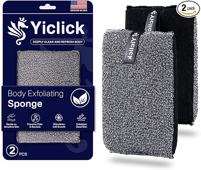 Yiclick Exfoliating Body Scrubber (2 Pack), Body Exfoliator Scrubber, Exfoliating Sponge for Shower Bath, Shower Loofah Luffa Lufa with Handle for Men Women, Dead Skin Exfoliator for Body Scrub