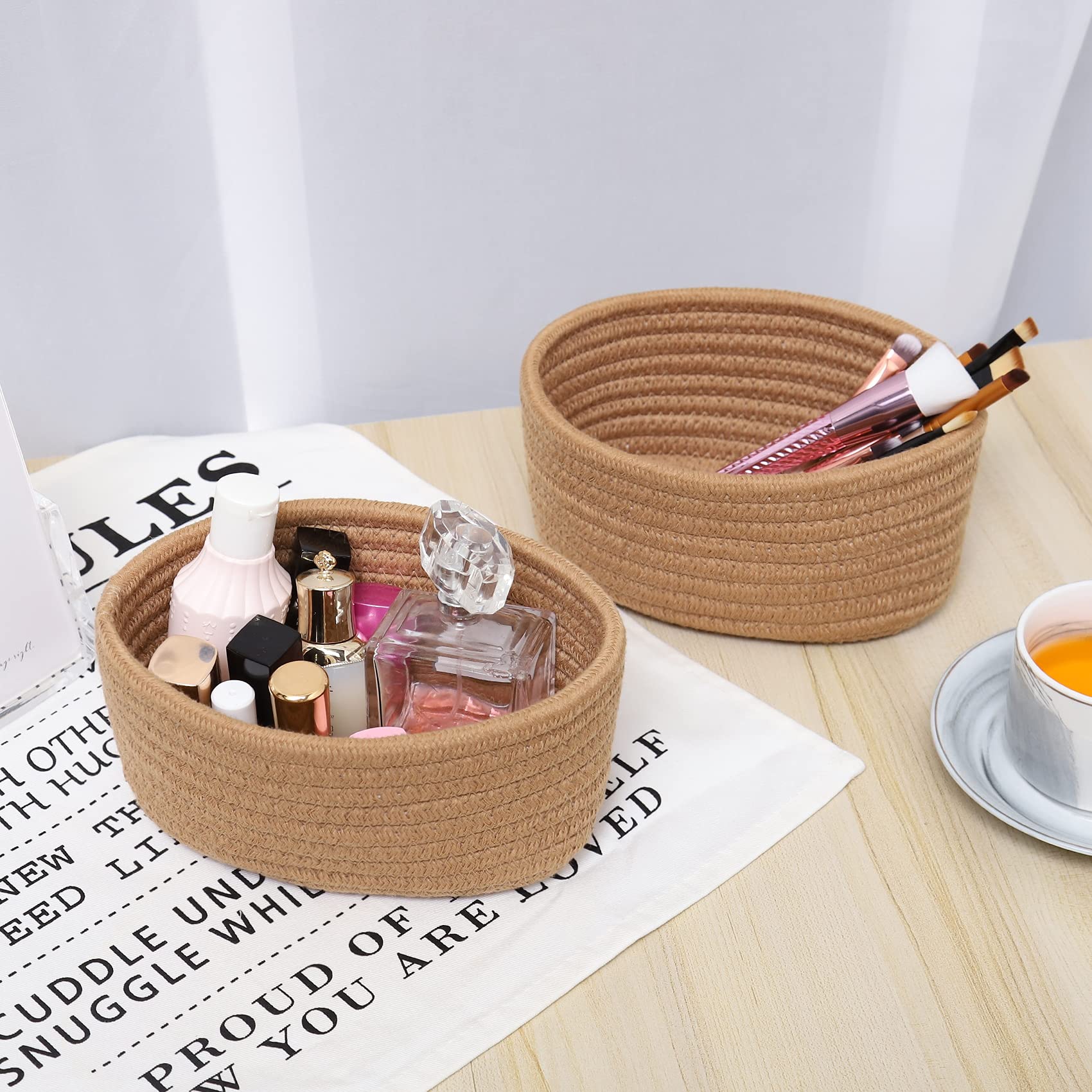 【2 Pack】ABenkle Small Woven Baskets, Tiny Oval Shallow Storage Baskets, Mini Cotton Rope Empty Decorative Basket, Boho Little Organizer Bins for Bathroom, Cat Dog Toy Gifts Baskets