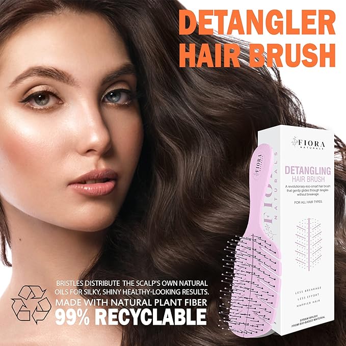 Detangler Brush by Fiora Naturals - 100% Bio-Friendly Detangling brush w/Ultra-Soft Bristles - Glide Through Tangles with Ease - For Curly, Fine, Black Natural, Women, Men, Kids - Dry and Wet Hair