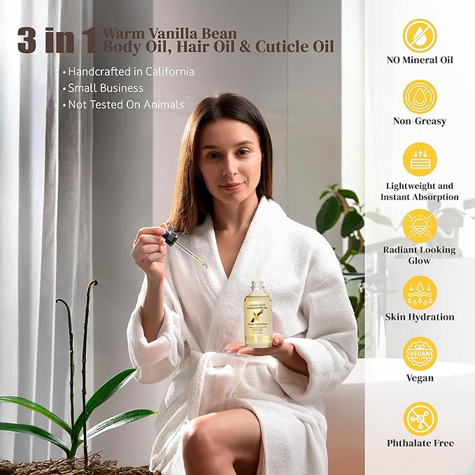 Soothing House Warm Vanilla Bean Body Oil - Moisturizing Body Oil for Soft, Glowing Skin with Almond & Jojoba Oil (4 fl oz)