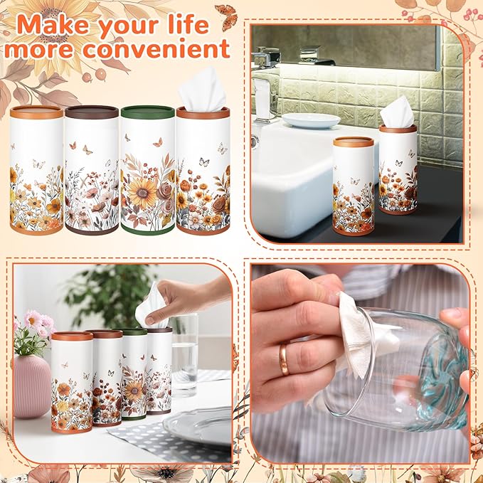 Fourluoo 12 Pack Spring Floral Tissue Boxes for Car Cylinder Bulk Wildflower Round Cylinder Holder with 3 Ply Facial Tissues for Spring Travel Bathroom Office Decoration Supplies
