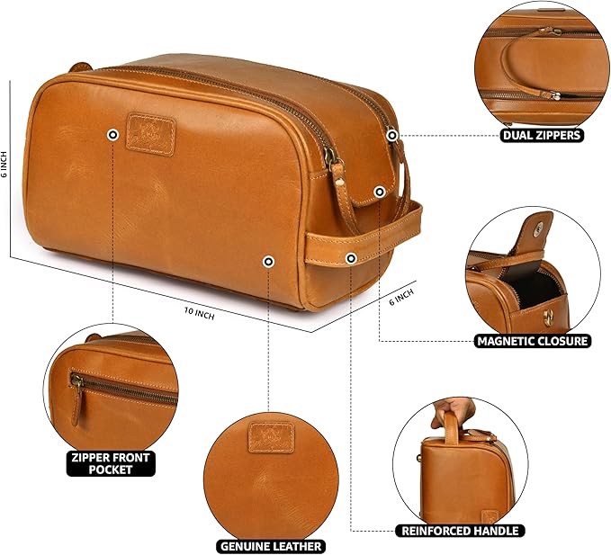 Premium Leather King Size Toiletry Travel Pouch – Handcrafted Dopp Kit Bag with Waterproof Lining, Spacious Design for Travel Essentials, Elegant Tan Finish