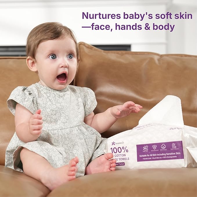 100% Cotton Disposable Face Towels 120 Count, Soft Cotton Tissue for Sensitive Skin, Makeup Remover Dry Wipes, Lint Free Facial Cleansing Cloths for Baby & Adult, Hanging Bag