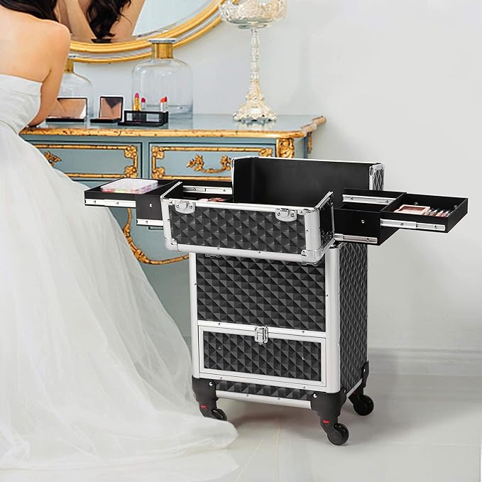 Yaheetech Rolling Makeup Train Case with a Drawer Nail Trolley Black/Silver