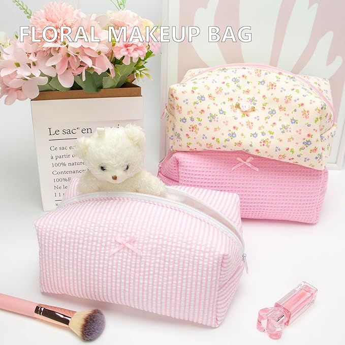 Cozy Makeup Bag for Women,Zipper Cosmetic Pouch,Stripe Ballet Pink,2 Pack