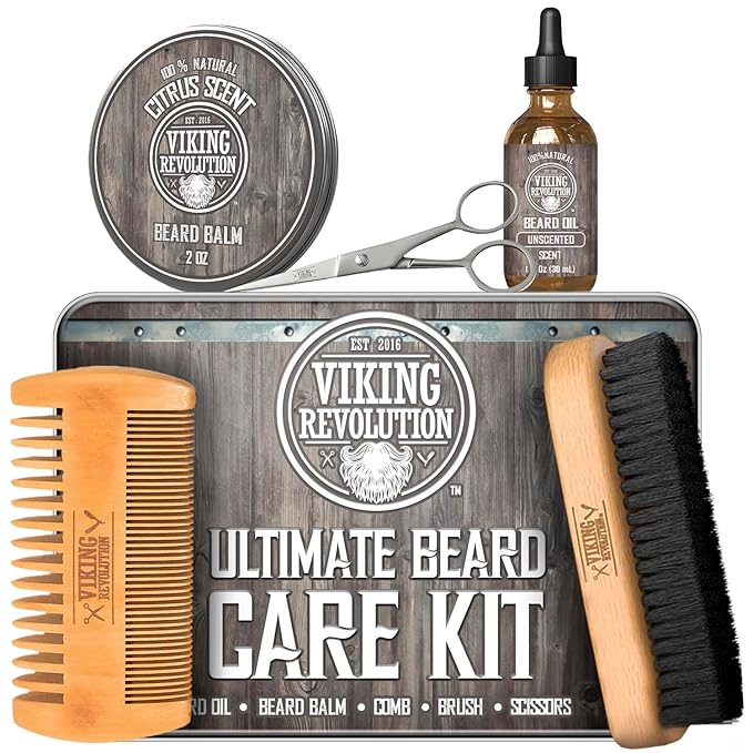 Viking Revolution Ultimate Grooming Kit for Men - Boar Brush, Wood Comb, Scissors for Beard & Mustache