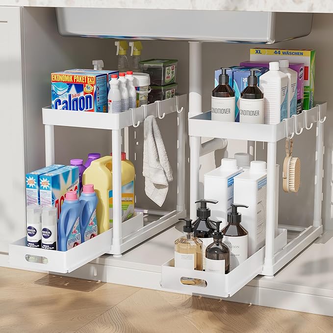 POUGNY 2 Pack Pull-Out Storage Organizers, Under Sink Organizer and Storage for Bathroom & Kitchen,Multi-Purpose Under Cabinet Organizers and storage Black